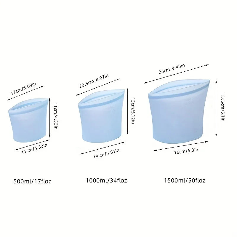 3PCS Reusable Silicone Food Storage Bags – Leakproof Ziplock Containers (500ml–1500ml)